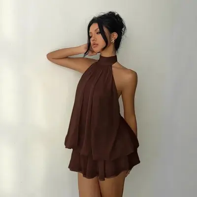 Backless halter neck tie-waist solid color summer dress - 8