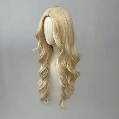 Light Blonde Long Wavy Synthetic Wig with Center Part Bangs