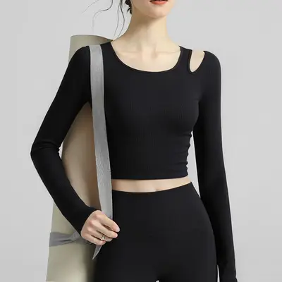 yoyo推荐瑜伽套装女显瘦修身露肩运动长袖上衣弹力贴身健身运动服 - 7