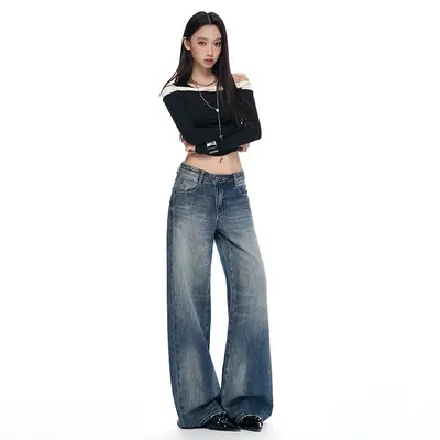 Çift Düğmeli Bel Vintage Düz Kot Pantolon Kadın Geniş Paça