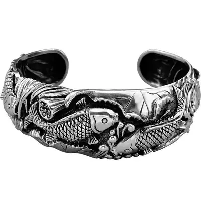 Double fish design silver bracelet, vintage style - 5