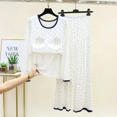 Modal Pajama Set with Polka Dots, Long Sleeve, Two-Piece with Built-in Bra