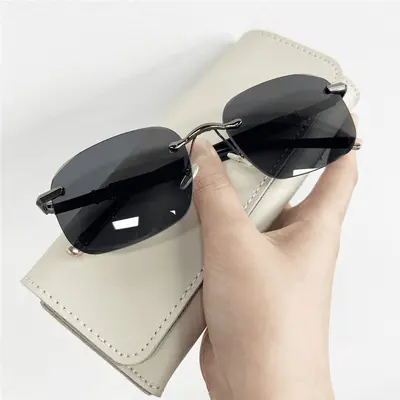 Gold-Framed Clear Tea Lens Sunglasses, UV Protection, Frameless Fashion Style - 6
