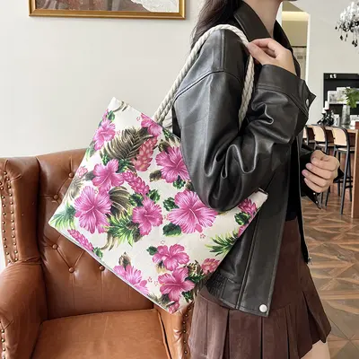Printed Canvas Shoulder Bag, Floral Pattern, Large Capacity Tote Bag - 4