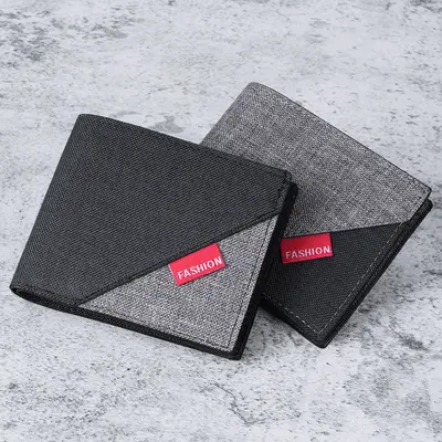 Schlichte Herren-Kurzbrieftasche mit Kartenfach und Canvas-Patchwork-Münzfach - 1