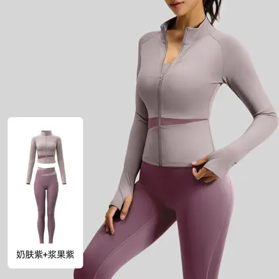 夏季拼色瑜伽服裸感高弹跑步修身运动健身服两件套女 - 10