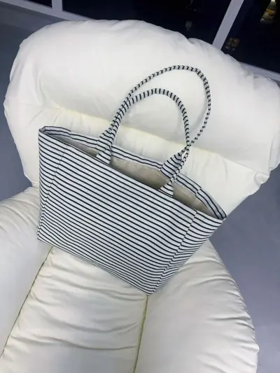 Korean Style Striped Canvas Women's Tote Bag, Large Capacity, Model A35 - 6