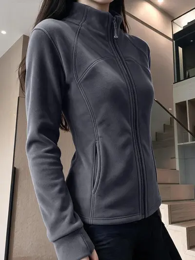 Kadın Slim Fit Polar Fleece Fermuarlı Ceket, Kalın, Dik Yaka, 2026 Sezon