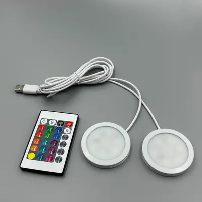USB 5V RGB Remote-Controlled Ultra-Thin Round LED Cabinet Light, 8mm - 7