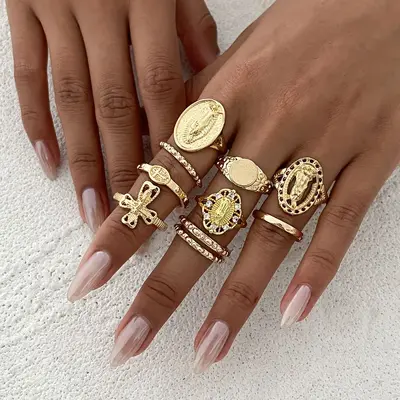 Rhinestone Crown Figure Ring Set, Retro Cross Knuckle Ring