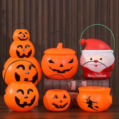 Halloween Pumpkin Bucket Lantern, Handheld Candy Bucket for Children