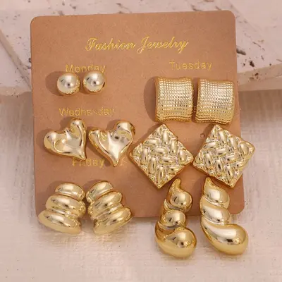 6pcs European and American Cross-border New Fashion Simple Creative Personality C-shaped Water Drop C-shaped Beaded Earrings Geometric Hollow