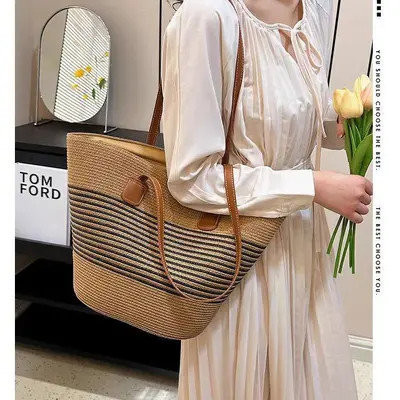 Women's Woven Straw Beach Tote Bag, Summer Style, Large Capacity