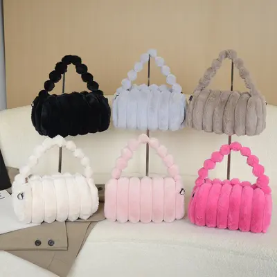 Striped Plush Handbag, Large Capacity Plush Tote Bag with Chain Strap - 4