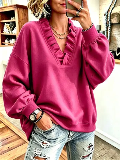 Kadın fırfırlı V yaka uzun kollu sweatshirt, sonbahar ve kış, bol kesim - 11