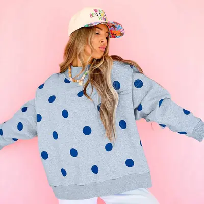 Cross-border Europe & America Women's Clothing 2026 Autumn/Winter Loose Casual Polka Dot Print Faux Turtleneck Fleece-Lined Warm Sweatshirt for Women
