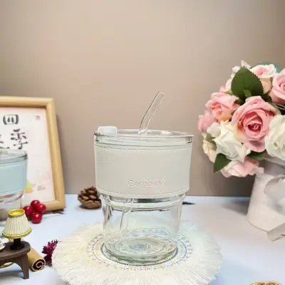 Bamboo-Pattern Glass Cup with Straw, Gift Coffee Cup - 9