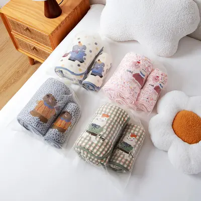 Coral fleece towel set, 2-piece, embroidered design - 2
