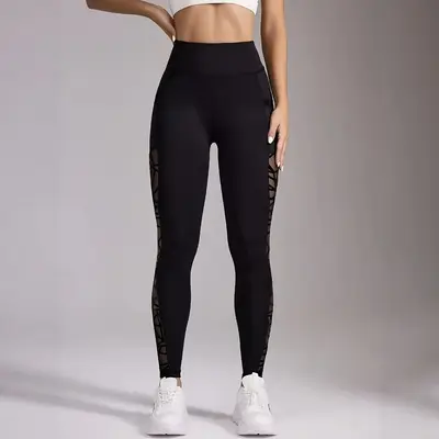 Women's Hip-Lifting Tummy-Control Leggings with Mesh Panels and Pockets