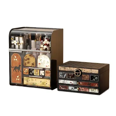 Desktop cosmetics storage box, multi-layer, large capacity, vintage
