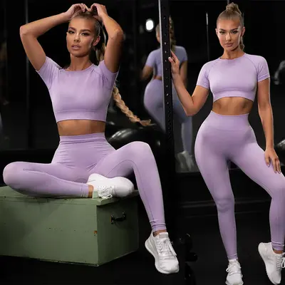 Kadın Dikişsiz Yüksek Elastikiyetli Yoga Takımı, Kısa Kollu Üst ve Uzun Tayt