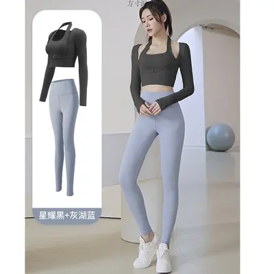 瑜伽服女带胸垫速干运动上衣健身服长袖2024春夏新款跑步套装