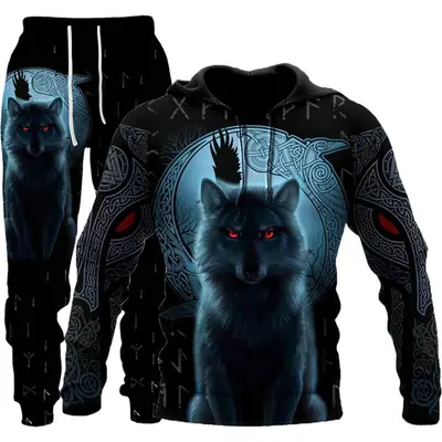 3D kurt baskılı kapüşonlu sweatshirt, erkek takım - 8