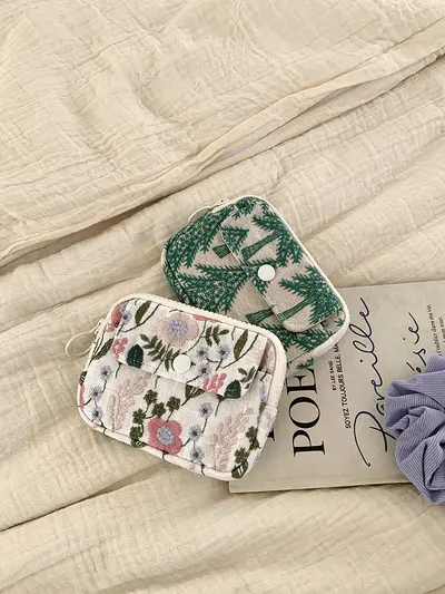 Card holder, coin purse and earphone storage bag, cotton-linen, embroidered - 2