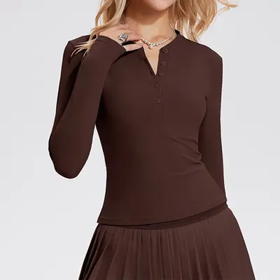 Henley-Yoga-Shirt mit langen Ärmeln aus gebürstetem Stoff