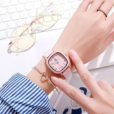 Square face quartz watch, white, for students - 13
