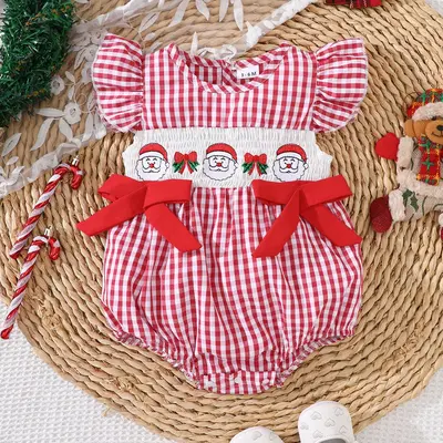Newborn Christmas Romper with Plaid Pattern and Embroidered Bow - 2