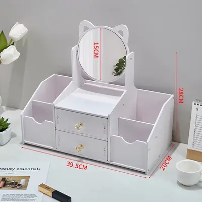 桌面梳装台化妆品收纳盒护肤品首饰整理架多功能家用抽屉式化妆镜 - 7
