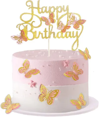 13 pcs Gold Glitter Butterfly Happy Birthday Cake Topper Set - 8