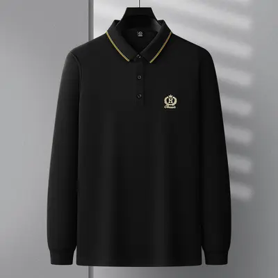 Men's Long Sleeve Mulberry Silk Polo Shirt, Embroidered