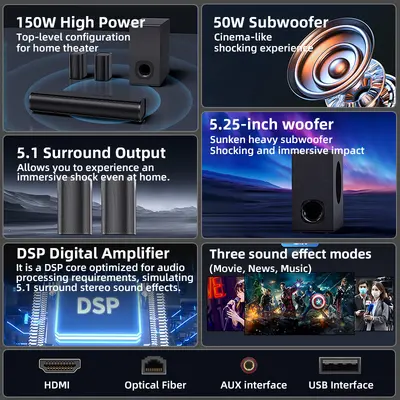 Soundbar Speaker 5.1 Channel Home Theater Speaker Subwoofer Home Living Room TV Sound System Set