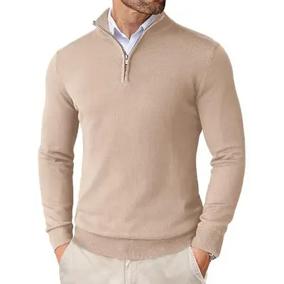 Erkek yarım fermuarlı örgü kazak, slim fit, ince astarlık