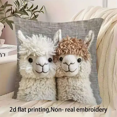 Cute Alpaca Pillow Cover 2D Flat Print Imitation Embroidery Pillow Cover Without Core Sofa Cushion Cover Home Decoration - 12