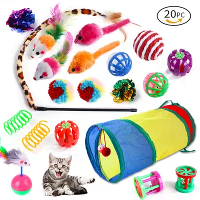 亚马逊新款宠物猫咪玩具彩虹隧道套装剑麻逗猫棒老鼠猫玩具20件套 - 4