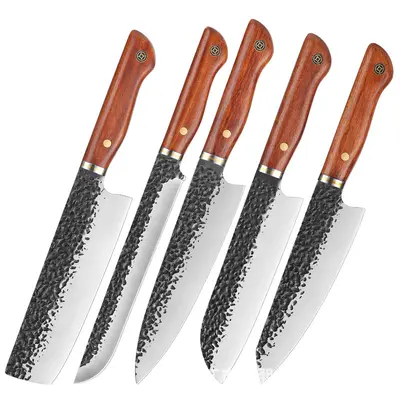 5 Parçalı Şef Bıçak Seti - Ahşap Sap, Çekiçlenmiş Desen