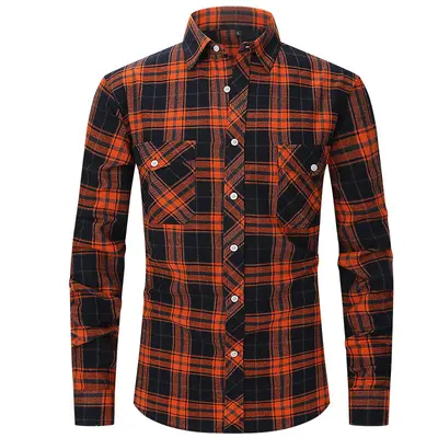 Slim fit kareli flanel erkek gömlek, uzun kollu, çift cepli, fırçalanmış kumaş - 6