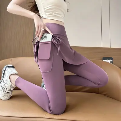 Yoga Leggings, Faux Two-Piece, Fleece-Lined, High-Waist - 11