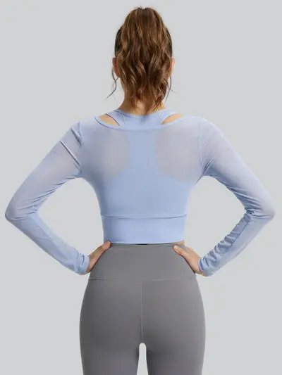 Long Sleeve Fake Two-Piece Knitted Yoga Top Without Bra - 3