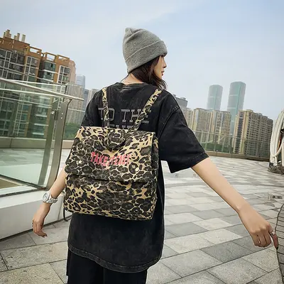 Leopard Print Canvas Backpack, Large Capacity for Travel and School - 2