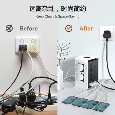 Cross-border UK/US standard vertical power strip, USB multi-port fast charging socket, multi-functional household flame-retardant smart outlet.