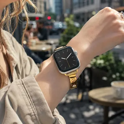 Apple Watch uyumlu altın kaplama bileklik kordon, lüks oymalı tasarım, kadın