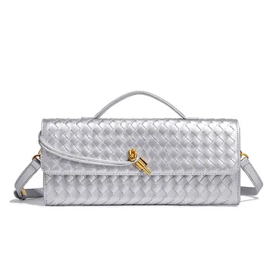 Single-Shoulder Baguette Bag, Woven Soft Leather Evening Bag - 11