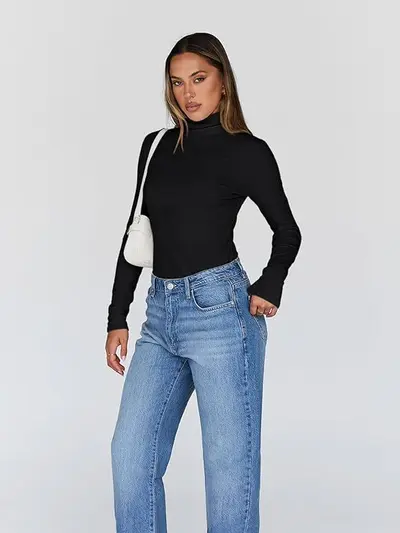 Amazon Yüksek Yaka Uzun Kollu Astarlı Kadın T-Shirt Düz Renk Slim Fit