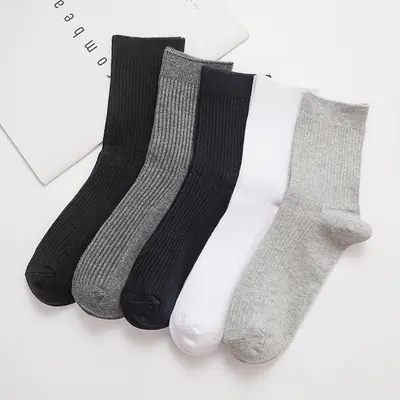 Fall/Winter Ribbed Crew Socks - Men's Mid-Calf Solid Color Pure Cotton Socks, Manufacturer Stock, Wholesale