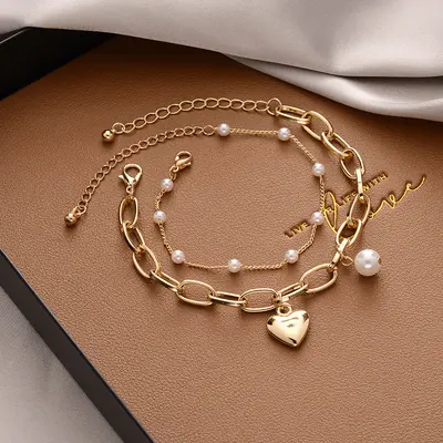 Korean Style Pearl Bracelet for Women, Titanium Steel Double Bracelet
