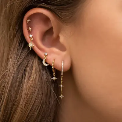 Star and Moon Chain Tassel Earring Set, Hexagonal Zircon - 2